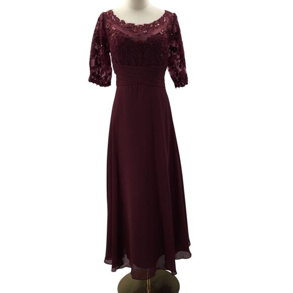 FORMAL 16W 2X plus red burgundy chiffon lace sequin party midi dress NEW B149 - Picture 1 of 6